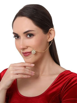 Accessher - Traditional Gold Plated Kundan Nose Ring with Chain for Women and Girls