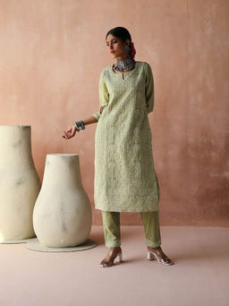 HERITAGE - Women Green Kurta with Pant (Set of 2)