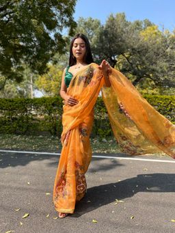 Odette - Mustard Organza Printed Saree with Unstitched Blouse