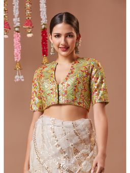 SALWAR STUDIO - Green Georgette V- Neck Padded Readymade Blouse