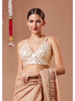 SALWAR STUDIO - White Georgette Padded V-Neck Sleeveless Readymade Blouse