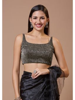 SALWAR STUDIO - Black and Silver Tissue Shimmer Padded Sleeveless Round Neck Readymade Blouse