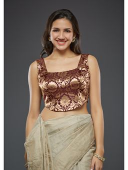 SALWAR STUDIO - Maroon Brocade Corset-Style Padded Sleeveless Readymade Blouse