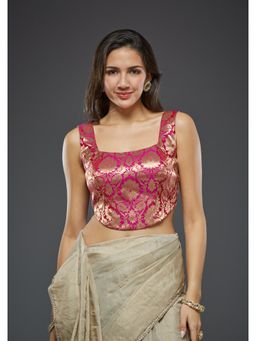 SALWAR STUDIO - Pink Brocade Corset-Style Padded Sleeveless Readymade Blouse