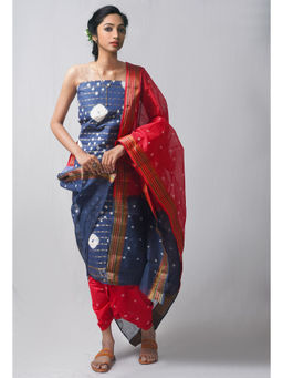Unnati Silks - Unstitched Navy Blue Pure Bandhani Cotton Salwar Kameez (Set of 3)