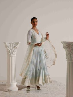 Preevin - Ice Blue Ambi Angrakha With Embroidered Dupatta