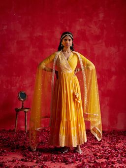 Preevin - Mango Ambi Angrakha With Embroidered Dupatta