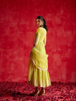 Preevin - Neon Green Ambi Angrakha With Embroidered Dupatta