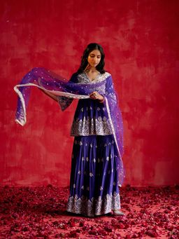 Preevin - Purple All-Over Ambi Embroidered Kurta with Sharara and Dupatta