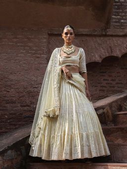 Preevin - Lemon Yellow Big Border Lehenga and Blouse with Embroidered Dupatta