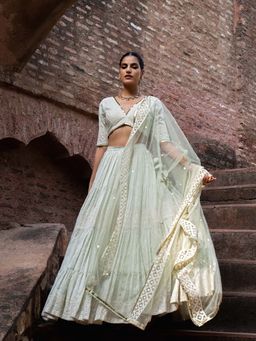Preevin - Mint Green Big Border Lehenga and Blouse with Embroidered Dupatta