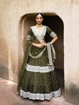 Preevin - Olive Big Border Lehenga and Blouse with Embroidered Dupatta