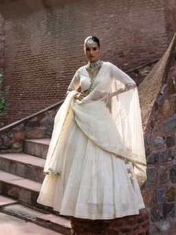 Preevin - Gold and Off White Big Border Lehenga and Blouse with Embroidered Dupatta