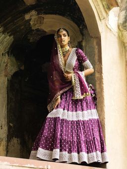 Preevin - Wine Big Border Lehenga and Blouse with Embroidered Dupatta