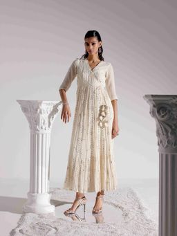 Preevin - Off White Big Flower Angrakha With Embroidered Dupatta