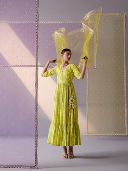 Preevin - Neon Green Big Kite Angrakha With Embroidered Dupatta