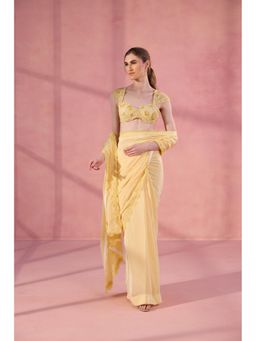 Old Marigold - Butter Clouds Yellow Viscose Embellished Saree without Blouse