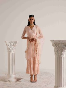 Preevin - Blush Pink Criss Cross Angrakha With Embroidered Dupatta