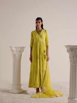 Preevin - Neon Green Criss Cross Angrakha With Embroidered Dupatta