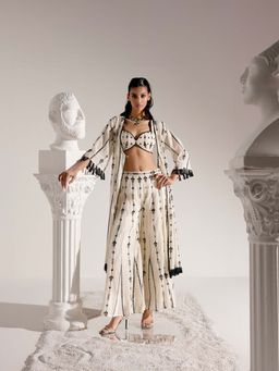 Preevin - Black and White Criss Cross Bustier With Embroidered Flared Pants And Jacket