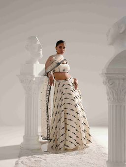 Preevin - Black and White Center Square Lehenga and Blouse with Embroidered Dupatta