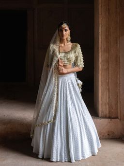 Preevin - Golden Fringe Ice Blue Lehenga and Blouse with Embroidered Dupatta