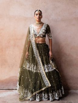 Preevin - Olive Forest Lehenga and Blouse with Embroidered Dupatta