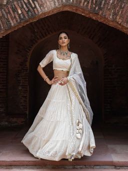Preevin - Gold and Off White Forest Lehenga and Blouse with Embroidered Dupatta