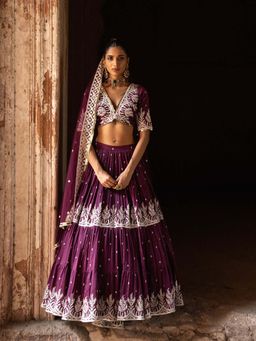 Preevin - Wine Forest Lehenga and Blouse with Emroidered Dupatta