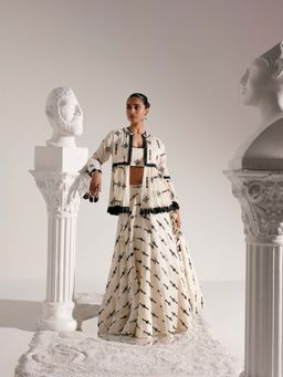 Preevin - Black and White Center Square Lehenga and Blouse with Embroidered Tassel Jacket