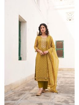 Karaj Jaipur - Olive Chanderi Mirror Work Kurta with Pant and Dupatta