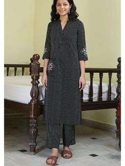 Okhai - Black Pure Cotton Mirror Work Straight Kurta with Pant