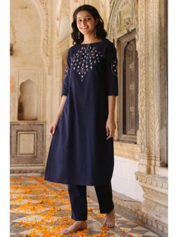 Okhai - Navy Blue Pure Cotton Thread Work Straight Kurta with Pant