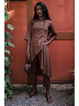 Okhai - Brown Cotton Thread Work A-Line Kurta with Pant