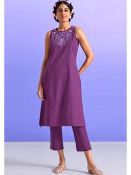 Okhai - Purple Pure Cotton Embroidered Straight Kurta with Pant