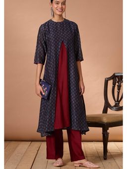 Okhai - Blue Chanderi Silk Printed A-Line Kurta with Pant