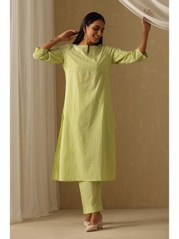 Okhai - Green Pure Cotton Chikankari Straight Kurta with Pant