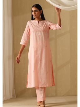 Okhai - Pink Pure Cotton Chikankari Straight Kurta with Pant
