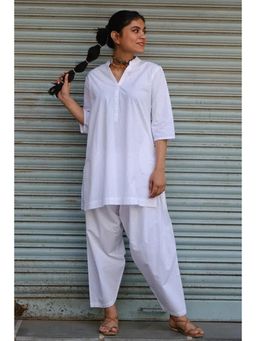 Okhai - White Pure Cotton Mirror Work Straight Kurta with Salwar