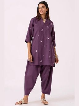 Okhai - Purple Pure Cotton Thread Work Straight Kurta with Salwar