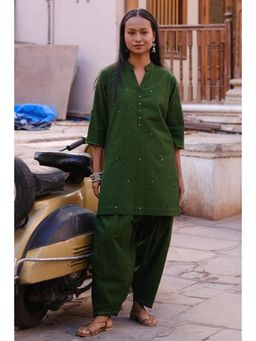 Okhai - Green Pure Cotton Mirror Work Straight Kurta with Salwar