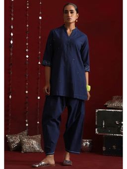 Okhai - Navy Blue Pure Cotton Mirror Work Straight Kurta with Salwar