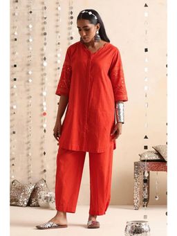 Okhai - Orange Pure Cotton Mirror Work Straight Kurta with Pant