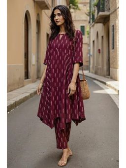 Okhai - Maroon Pure Cotton Ikat A-Line Kurta with Pant