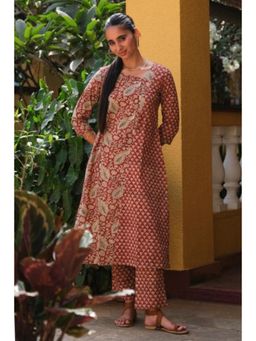 Okhai - Red Pure Cotton Hand Block A-Line Kurta with Pant