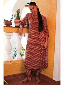 Okhai - Red Pure Cotton Printed A-Line Kurta with Pant