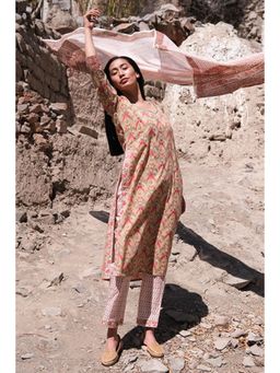 Okhai - Beige Pure Cotton Hand Block Straight Kurta with Pant and Dupatta