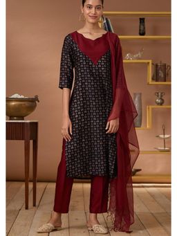 Okhai - Black Chanderi Silk Printed Straight Kurta with Pant and Dupatta
