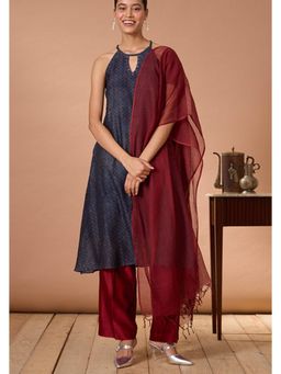 Okhai - Navy Blue Chanderi Silk Printed A-Line Kurta with Pant and Dupatta