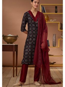 Okhai - Black Chanderi Silk Printed Straight Kurta with Pant and Dupatta